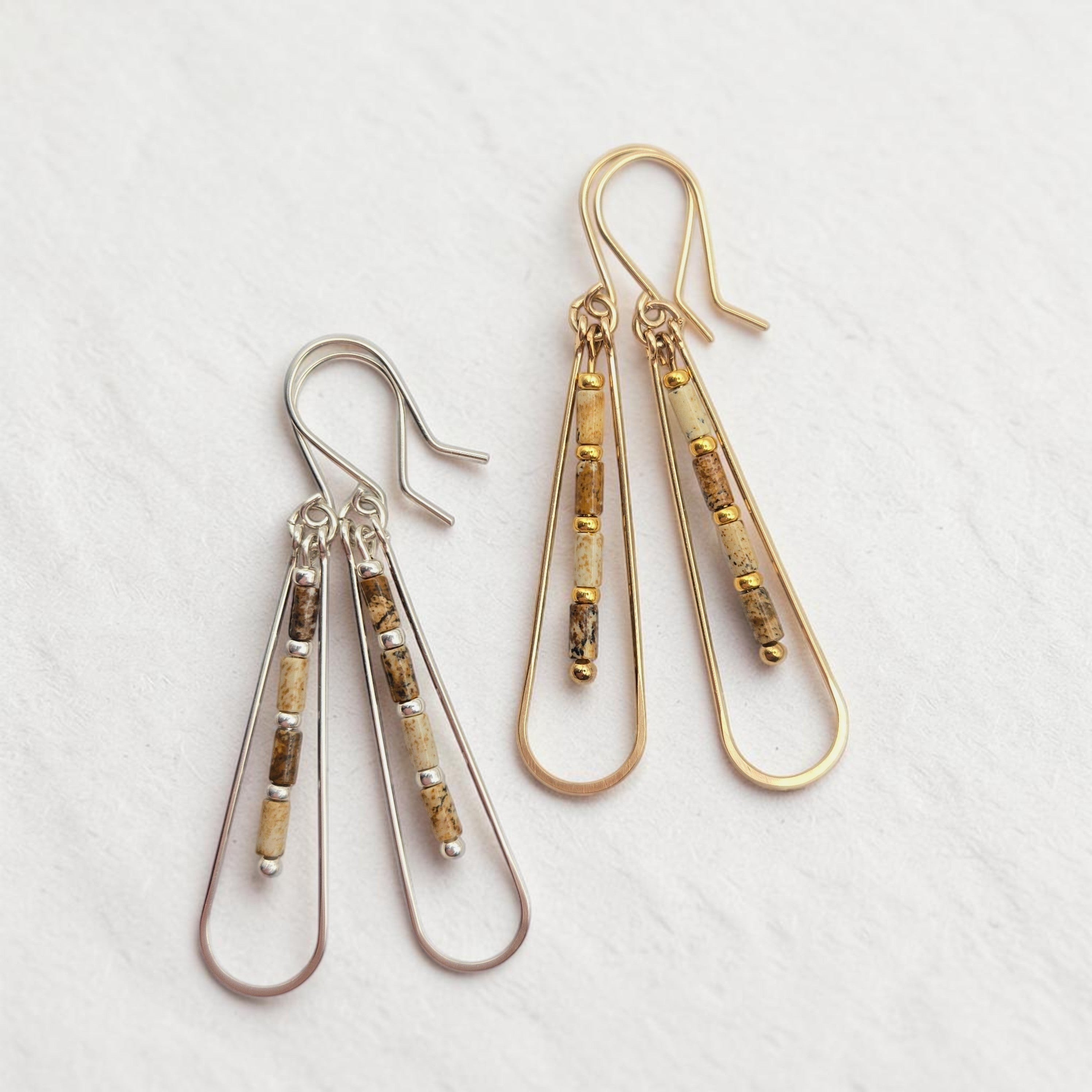 Bijou by SAM Canyon Teardrop Hoops featuring picture jasper beads in 14k gold fill and argentium sterling silver.