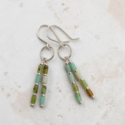 Bijou by SAM Morning Dew dangle earrings featuring natural green Chrysoprase tube beads on sterling silver hoops.