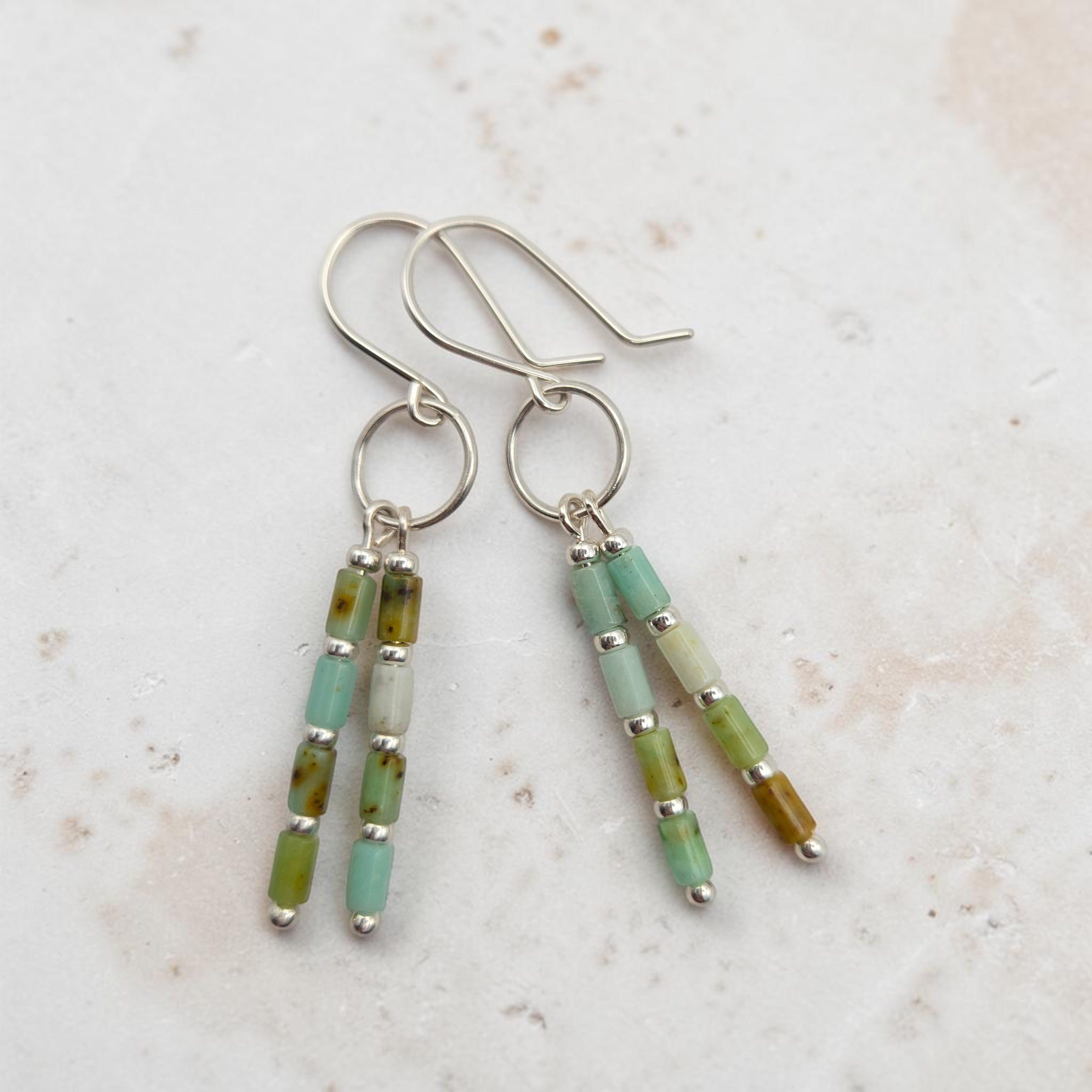 Bijou by SAM Morning Dew dangle earrings featuring natural green Chrysoprase tube beads on sterling silver hoops.