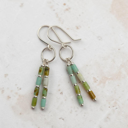 Bijou by SAM Morning Dew dangle earrings featuring natural green Chrysoprase tube beads on sterling silver hoops.