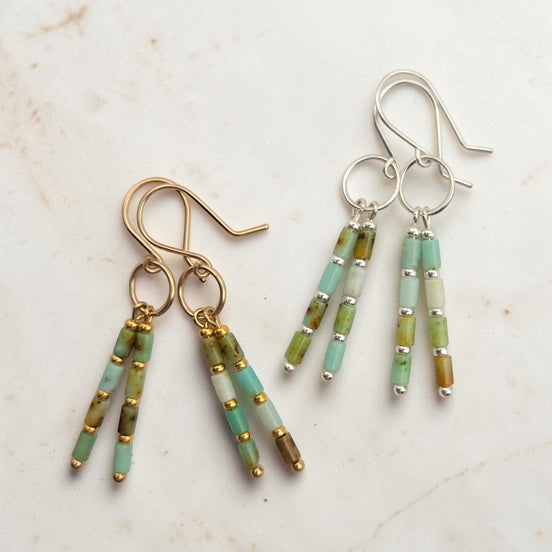 Bijou by SAM Morning Dew dangle earrings with natural Chrysoprase tube beads in 14k gold fill and sterling silver.