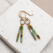 Bijou by SAM Morning Dew dangle earrings featuring natural green Chrysoprase tube beads and 14k gold fill hoops.