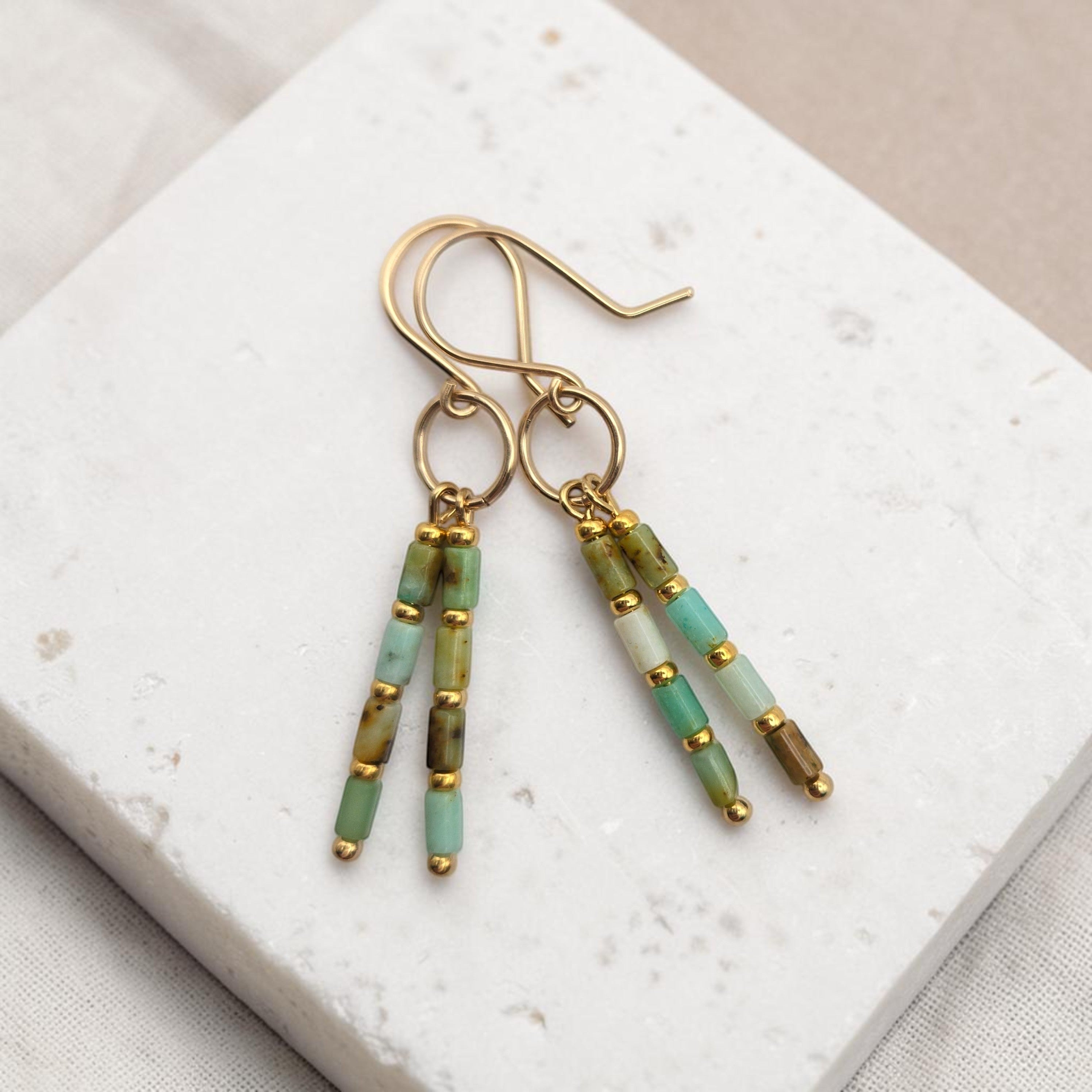 Bijou by SAM Morning Dew dangle earrings featuring natural green Chrysoprase tube beads and 14k gold fill hoops.
