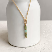 Bijou by SAM Morning Dew necklace featuring natural green chrysoprase tube beads on a delicate 14k gold fill chain.