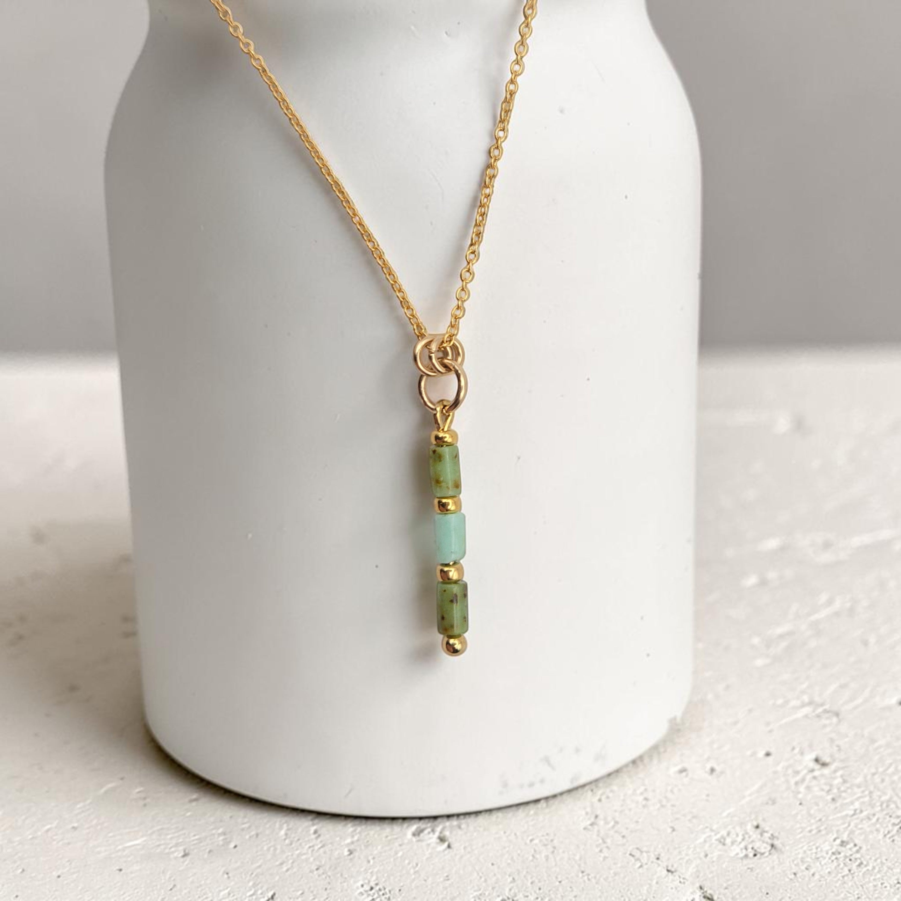 Bijou by SAM Morning Dew necklace featuring natural green chrysoprase tube beads on a delicate 14k gold fill chain.