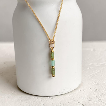 Bijou by SAM Morning Dew necklace featuring natural green chrysoprase tube beads on a delicate 14k gold fill chain.