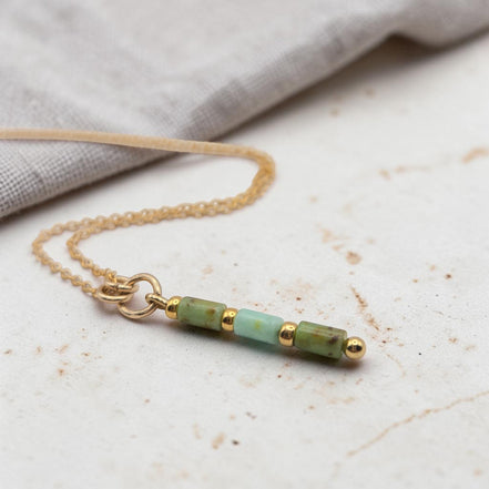 Bijou by SAM Morning Dew necklace with natural green chrysoprase tube beads and 14k gold fill chain