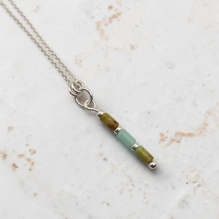 Bijou by SAM Morning Dew necklace featuring natural green and tan chrysoprase tube beads on a sterling silver chain.