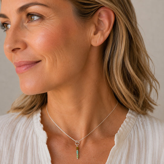 Bijou by SAM Morning Dew necklace featuring natural green chrysoprase tube beads on a delicate sterling silver chain.
