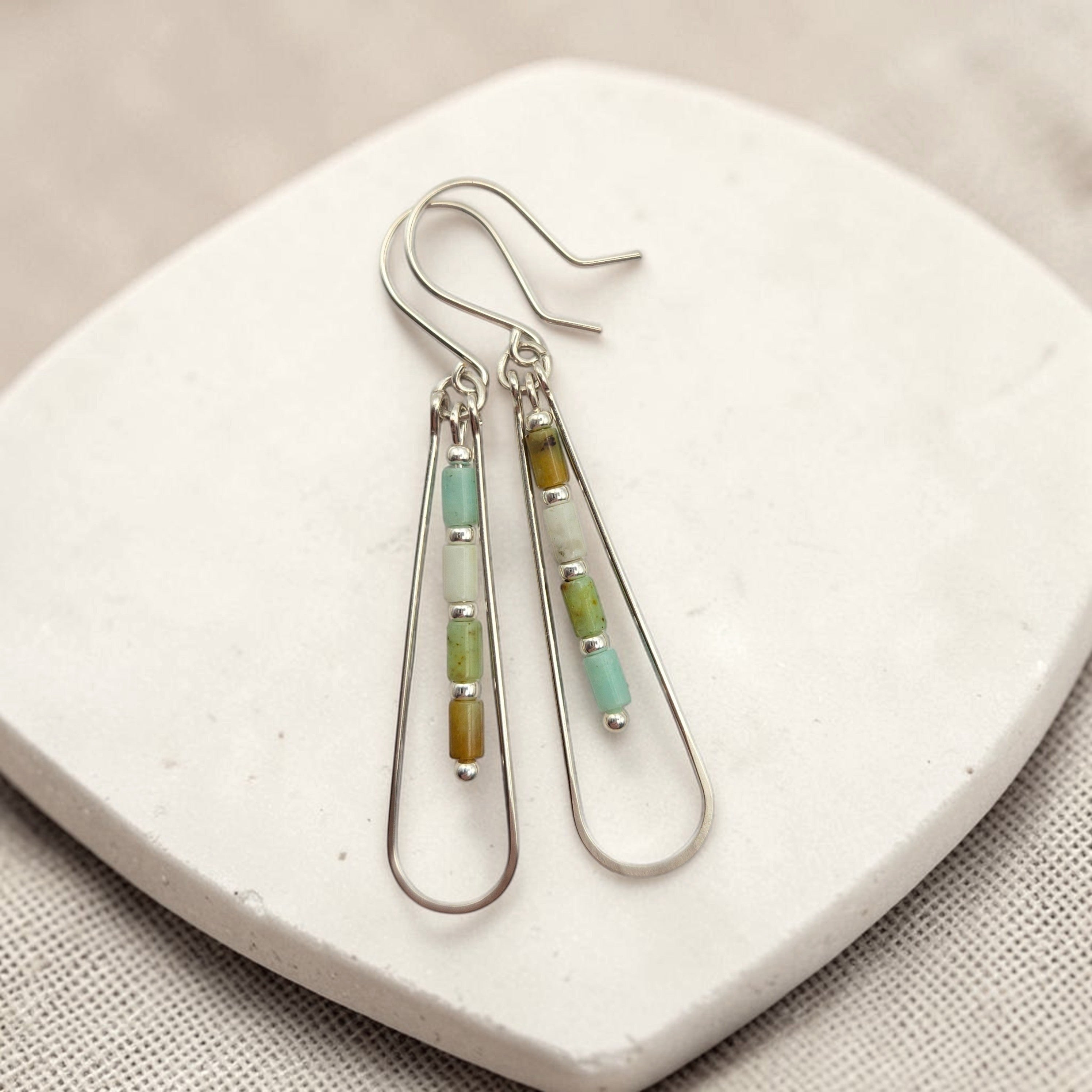 Bijou by SAM Morning Dew teardrop earrings featuring green Chrysoprase tube beads in sterling silver hoops.