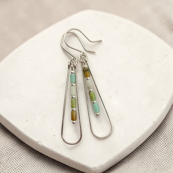 Bijou by SAM Morning Dew teardrop earrings featuring green Chrysoprase tube beads in sterling silver hoops.