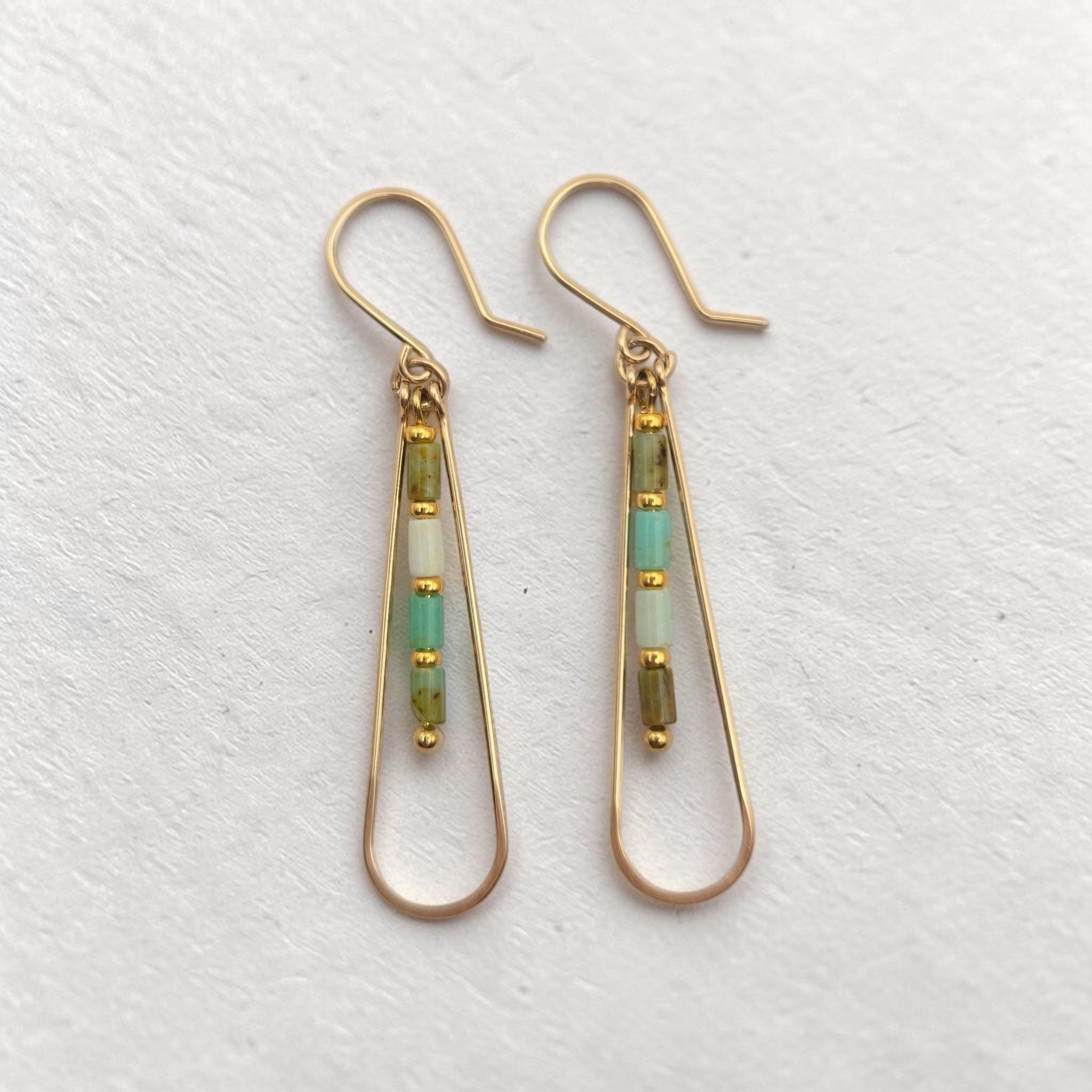 Bijou by SAM Morning Dew teardrop hoop earrings featuring green Chrysoprase tube beads on 14k gold fill wire