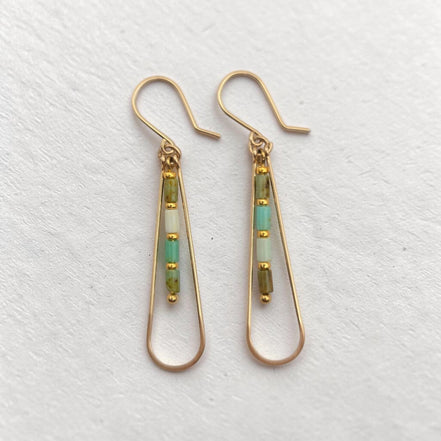 Bijou by SAM Morning Dew teardrop hoop earrings featuring green Chrysoprase tube beads on 14k gold fill wire