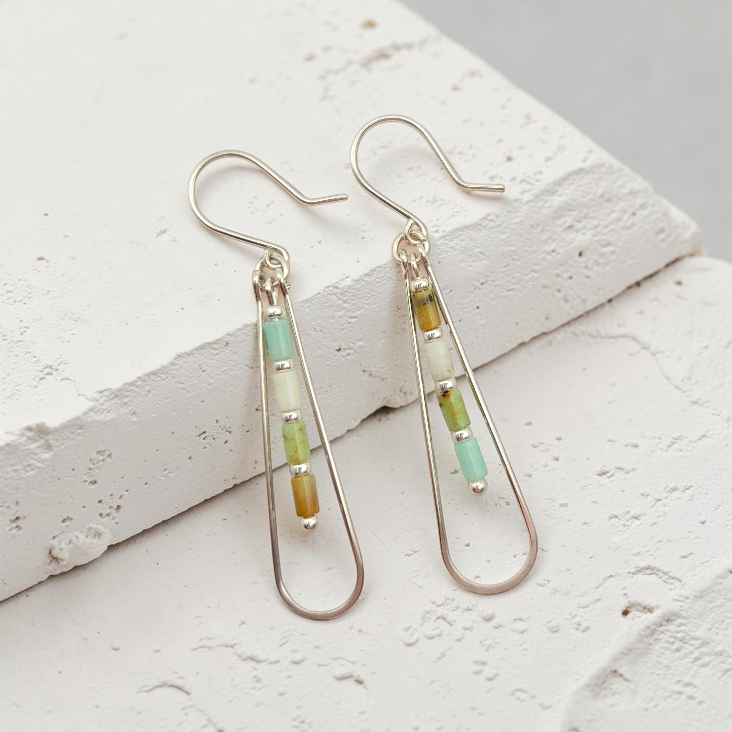 Bijou by SAM Morning Dew teardrop hoop earrings featuring green Chrysoprase tube beads in Argentium Sterling Silver.