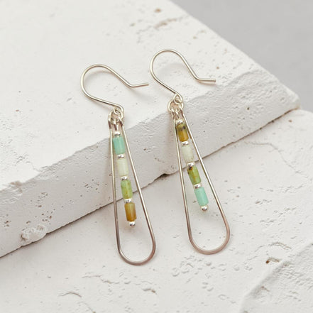Bijou by SAM Morning Dew teardrop hoop earrings featuring green Chrysoprase tube beads in Argentium Sterling Silver.