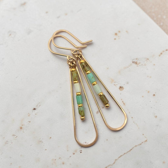 Bijou by SAM Morning Dew teardrop hoop earrings featuring green Chrysoprase tube beads in 14k gold fill.