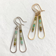 Bijou by SAM Morning Dew teardrop hoop earrings with green Chrysoprase tube beads in gold fill and sterling silver.