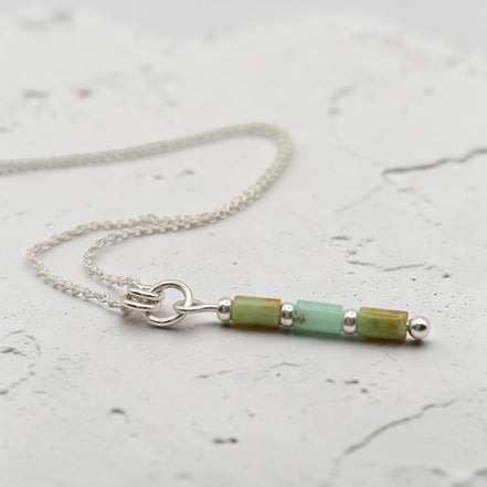 Bijou by SAM Morning Dew necklace featuring natural green chrysoprase tube beads on a delicate sterling silver chain.