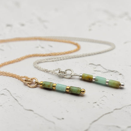 Bijou by SAM Morning Dew necklaces featuring natural green chrysoprase tube beads on gold and silver chains.