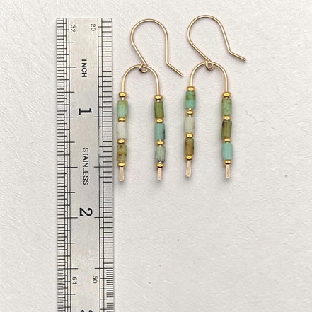 Bijou by SAM handcrafted wishbone earrings featuring green Chrysoprase tube stones on 14k gold fill wire with ruler.