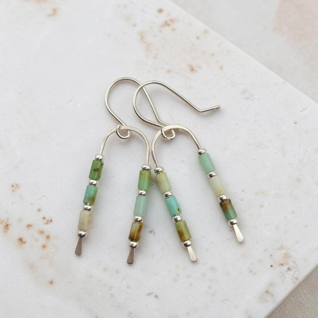 Bijou by SAM handcrafted wishbone earrings featuring green chrysoprase tube stones on sterling silver wire