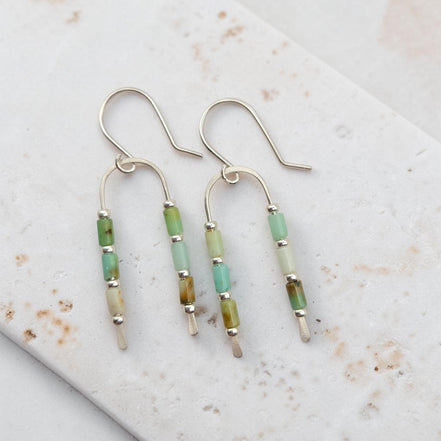 Bijou by SAM handcrafted sterling silver wishbone earrings featuring natural green chrysoprase tube gemstone beads.