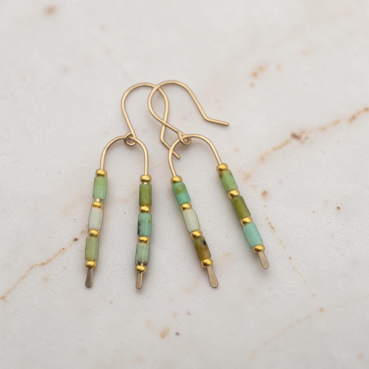 Bijou by SAM handcrafted wishbone earrings featuring green chrysoprase tube stones on 14k gold fill wire