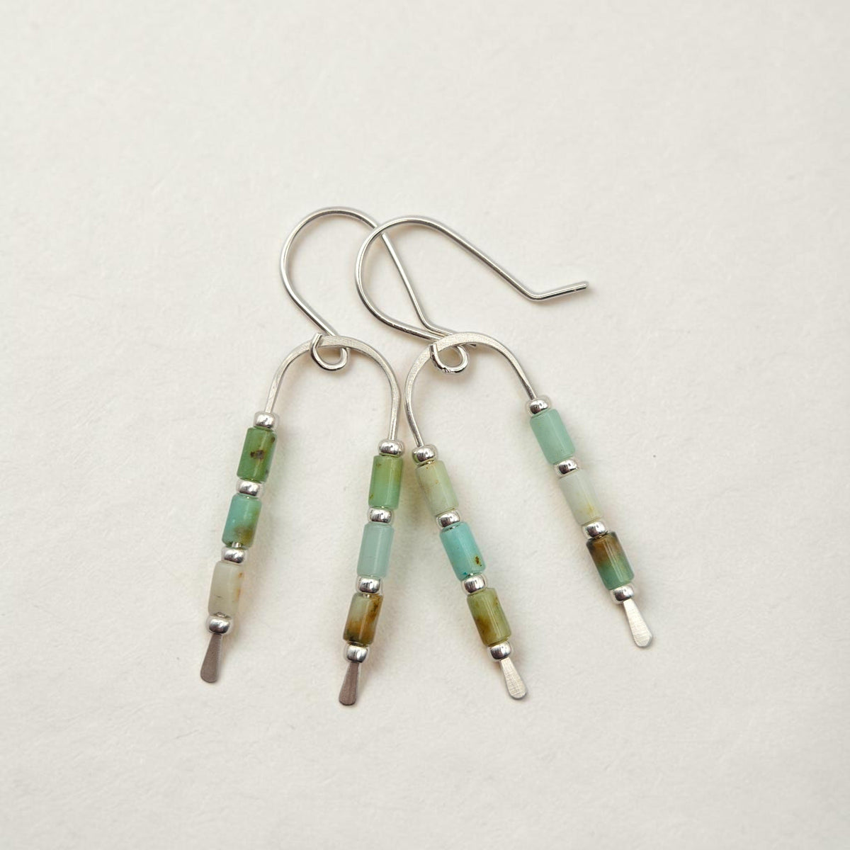 Bijou by SAM wishbone earrings featuring green chrysoprase tube stones on handcrafted sterling silver wire