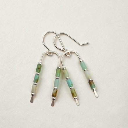 Bijou by SAM wishbone earrings featuring green chrysoprase tube stones on handcrafted sterling silver wire