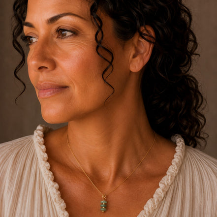 Bijou by SAM Comet Necklace featuring three green aventurine stones on a delicate gold chain worn by a woman
