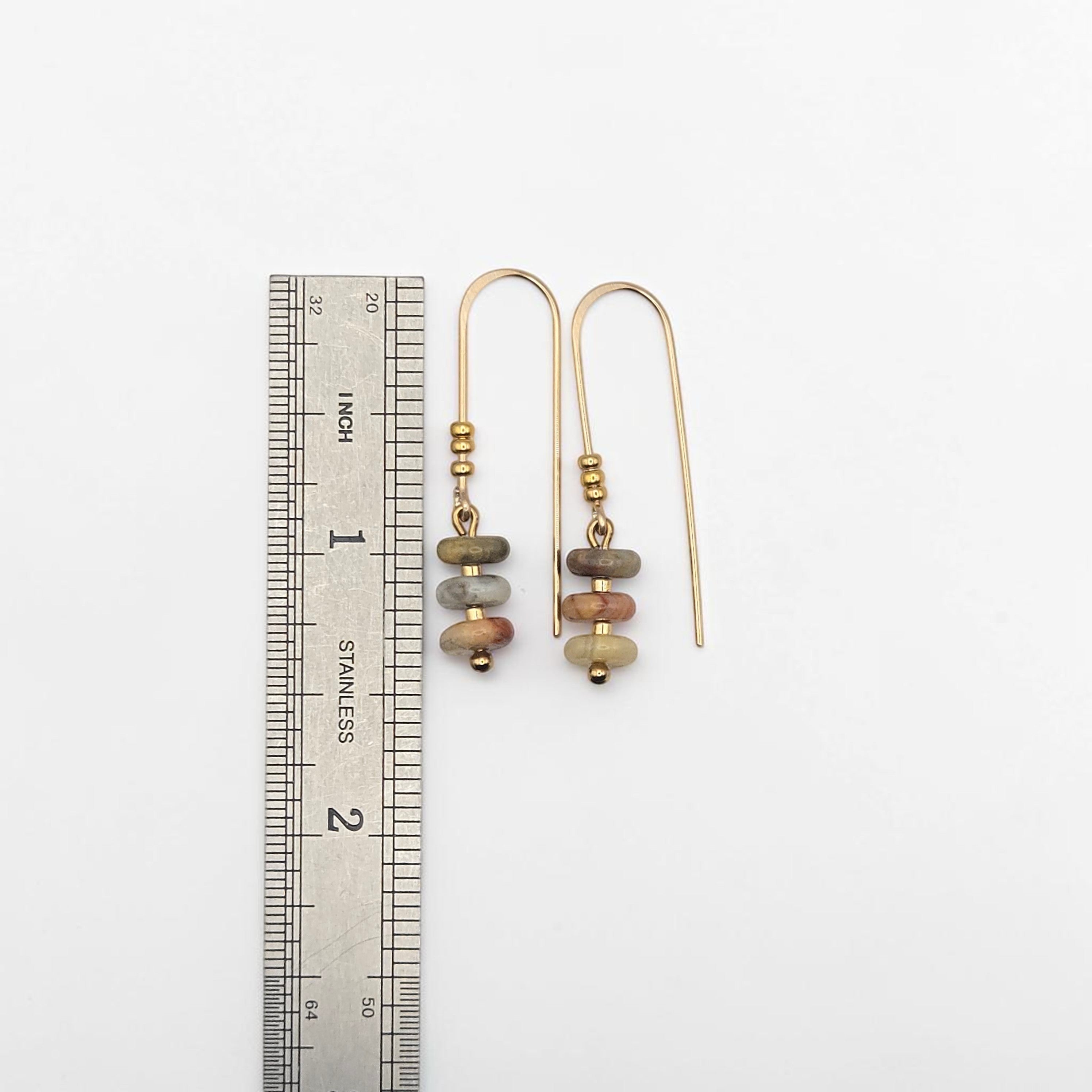 Bijou by SAM Stardust threader earrings featuring cream, coral, and tan crazy lace agate beads on gold fill wire.
