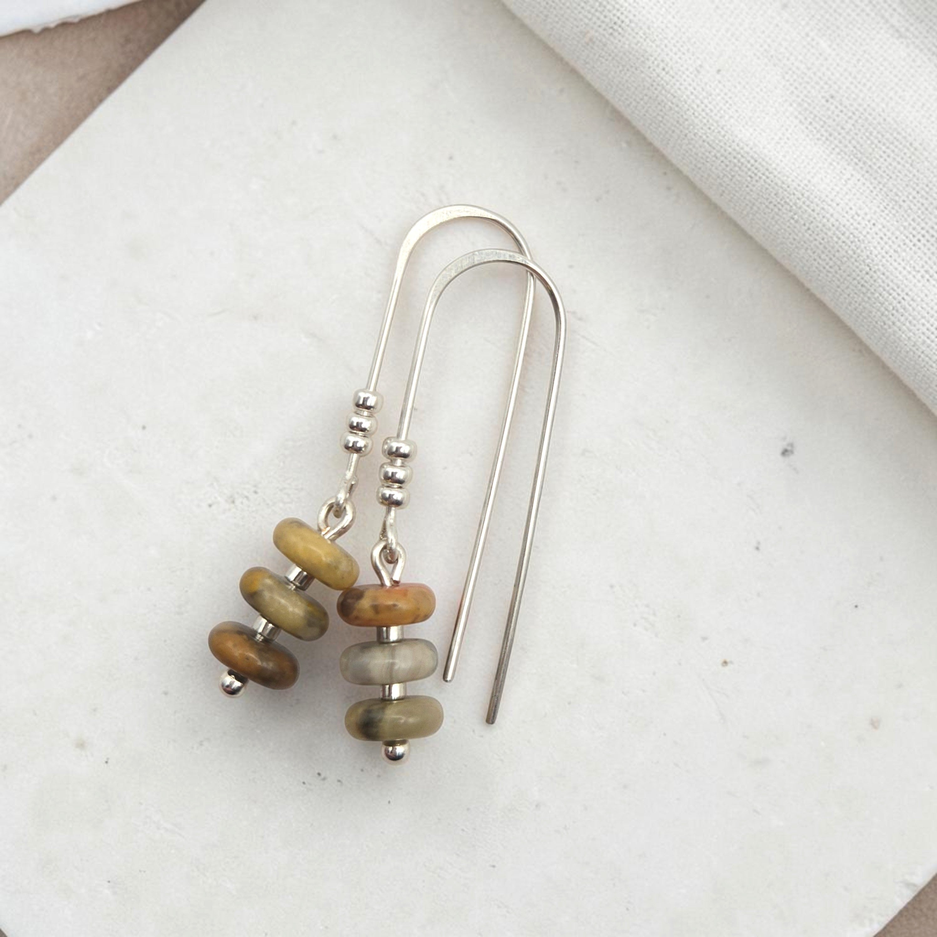 Bijou by SAM Stardust threader earrings featuring cream and tan crazy lace agate beads on sterling silver wire.