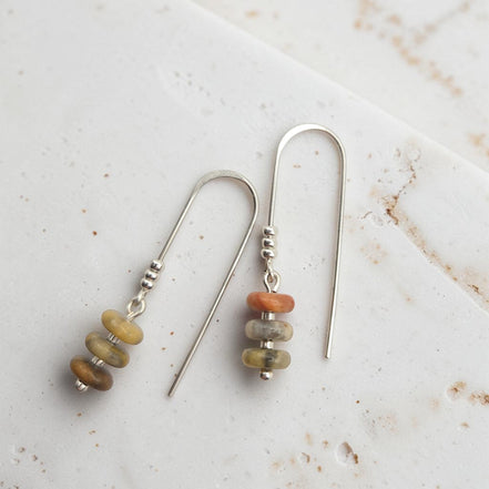 Bijou by SAM Stardust threader earrings featuring cream, coral, and tan crazy lace agate beads on sterling silver.
