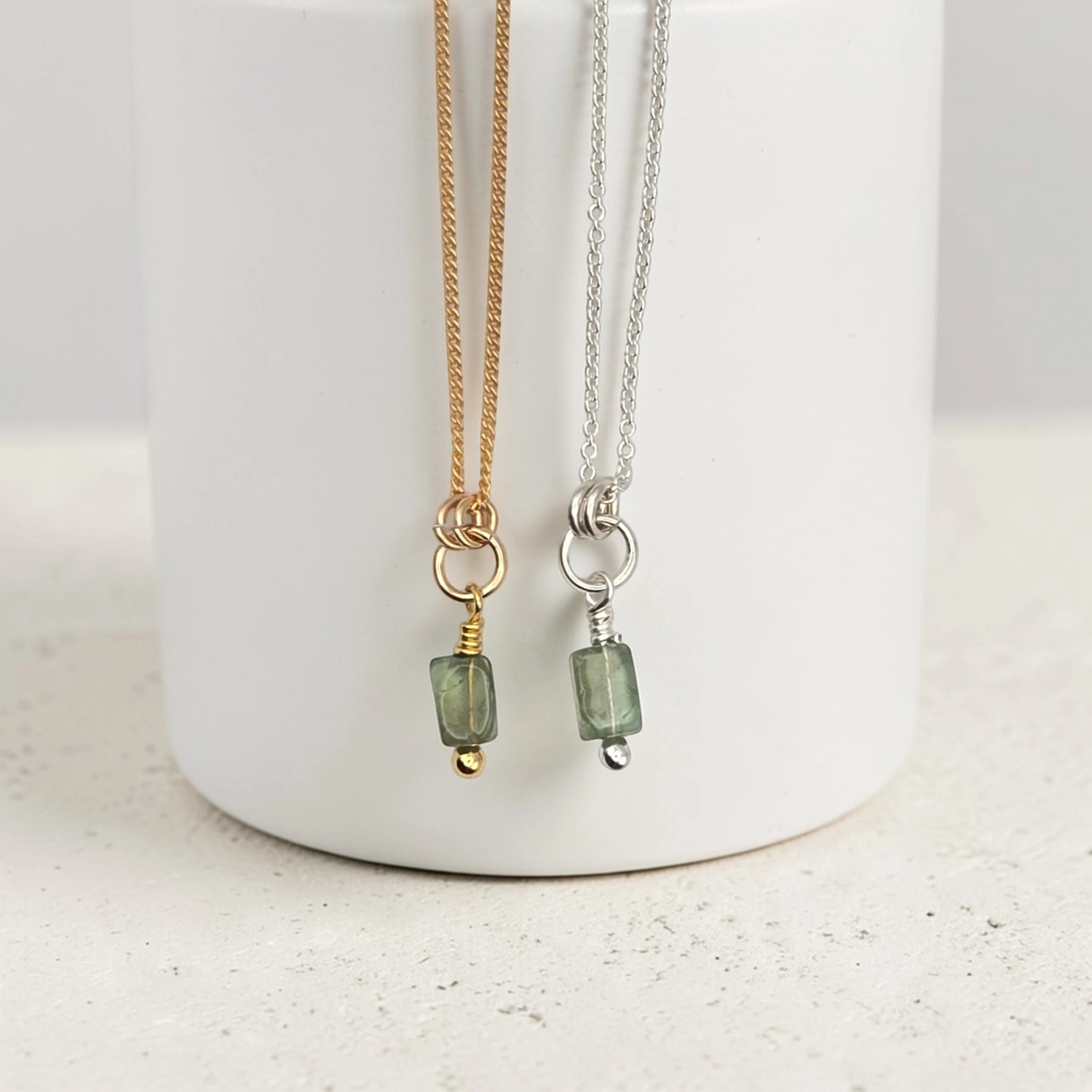 Bijou by SAM Eos necklaces featuring handcut green apatite gemstones on gold fill and sterling silver delicate chains.