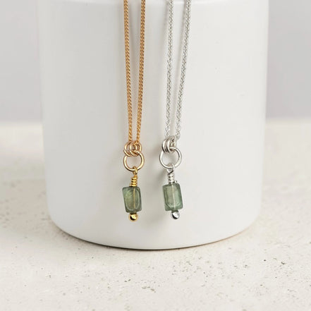 Bijou by SAM Eos necklaces featuring handcut green apatite gemstones on gold fill and sterling silver delicate chains.