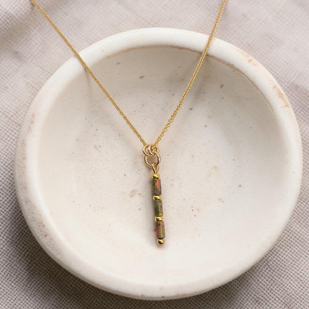 Bijou by SAM Forest Floor necklace featuring a delicate 14k gold fill chain and a natural Unakite gemstone tube pendant.