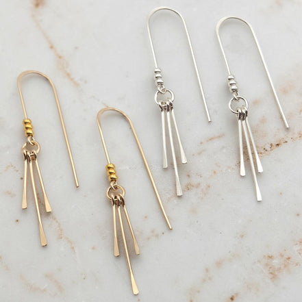 Bijou by SAM minimalist threader earrings with three metal fringes in polished 14k gold fill and sterling silver.