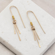 Bijou by SAM minimalist gold threader earrings featuring delicate hoops and three graceful hanging metal fringes.