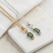 Bijou by SAM Eos necklaces featuring handcut green apatite gemstones on delicate gold fill and sterling silver chains.