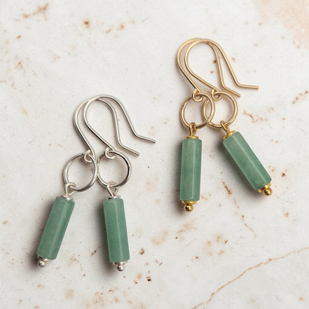 Bijou by SAM Ava earrings featuring green aventurine cylinders on sterling silver and 14k gold fill hoops.