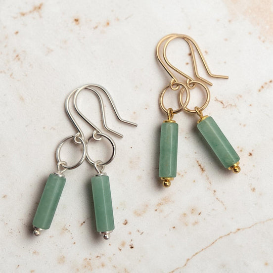 Bijou by SAM Ava earrings featuring green aventurine cylinders on sterling silver and 14k gold fill hoops.