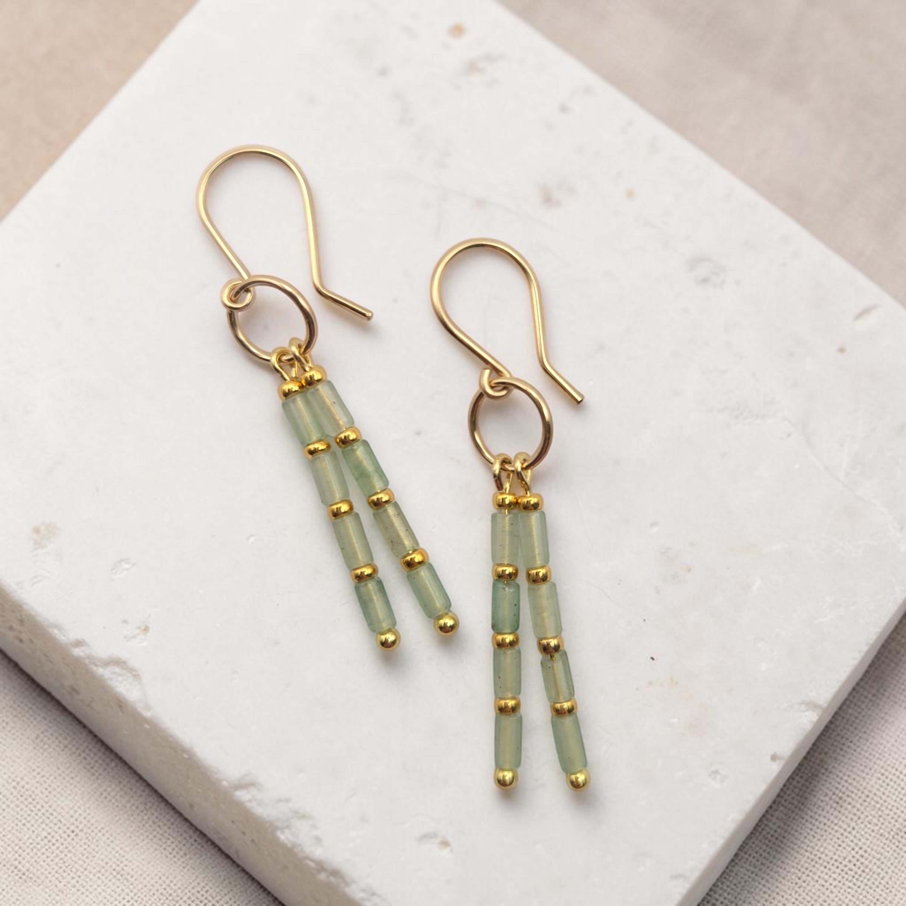 Bijou by SAM Mossy Creek dangle earrings featuring light green aventurine tube beads and 14k gold fill hoops.