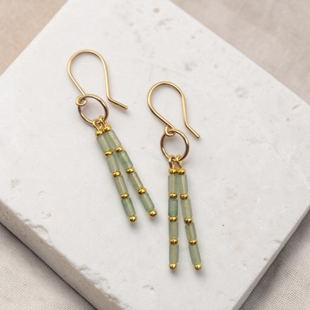 Bijou by SAM Mossy Creek dangle earrings featuring light green aventurine tube beads and 14k gold fill hoops.
