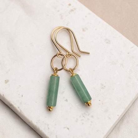 Bijou by SAM Ava earrings featuring cylindrical green aventurine gemstones on 14k gold fill hoops.