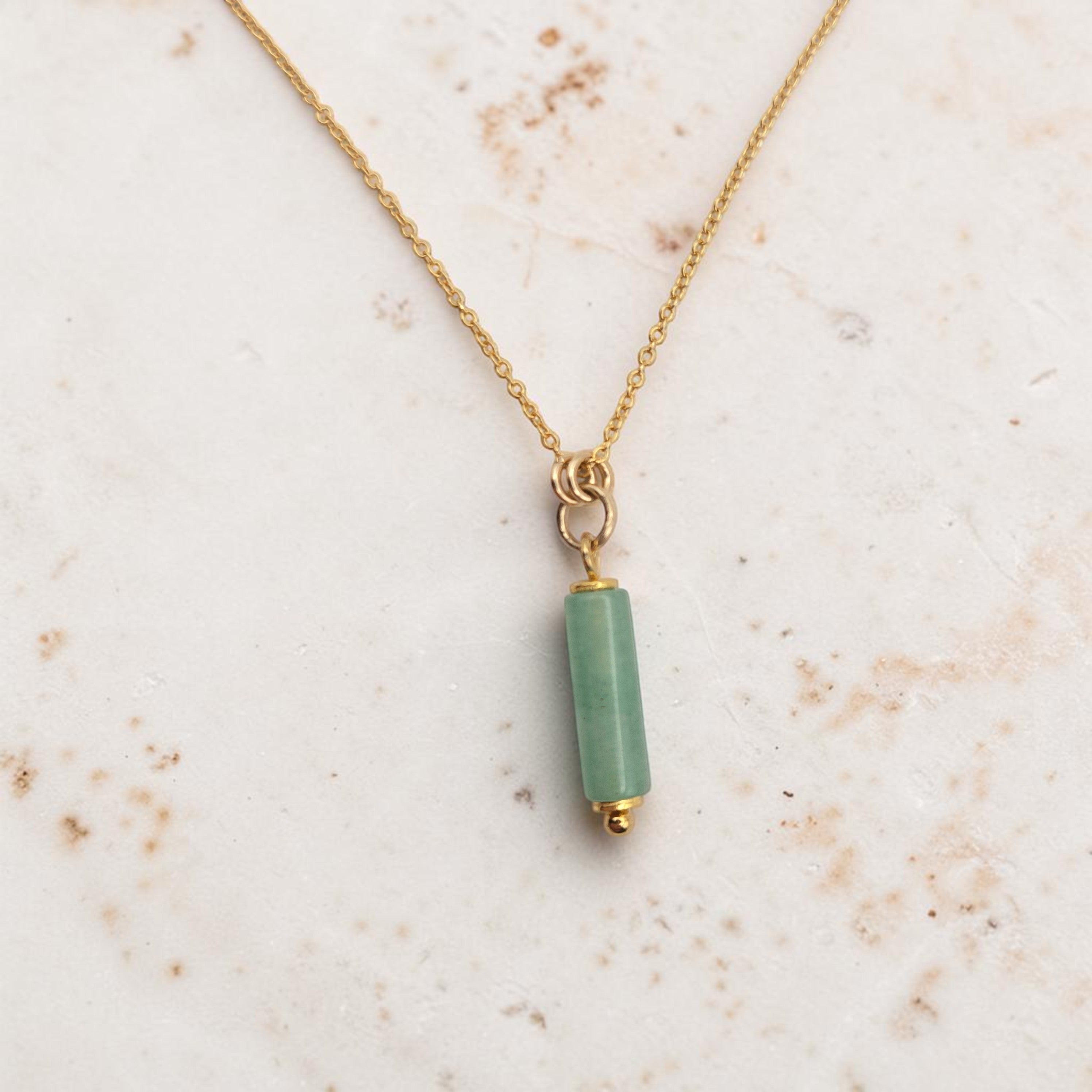 Bijou by SAM Ava necklace featuring a cylindrical green aventurine bead on a delicate 14k gold fill chain.