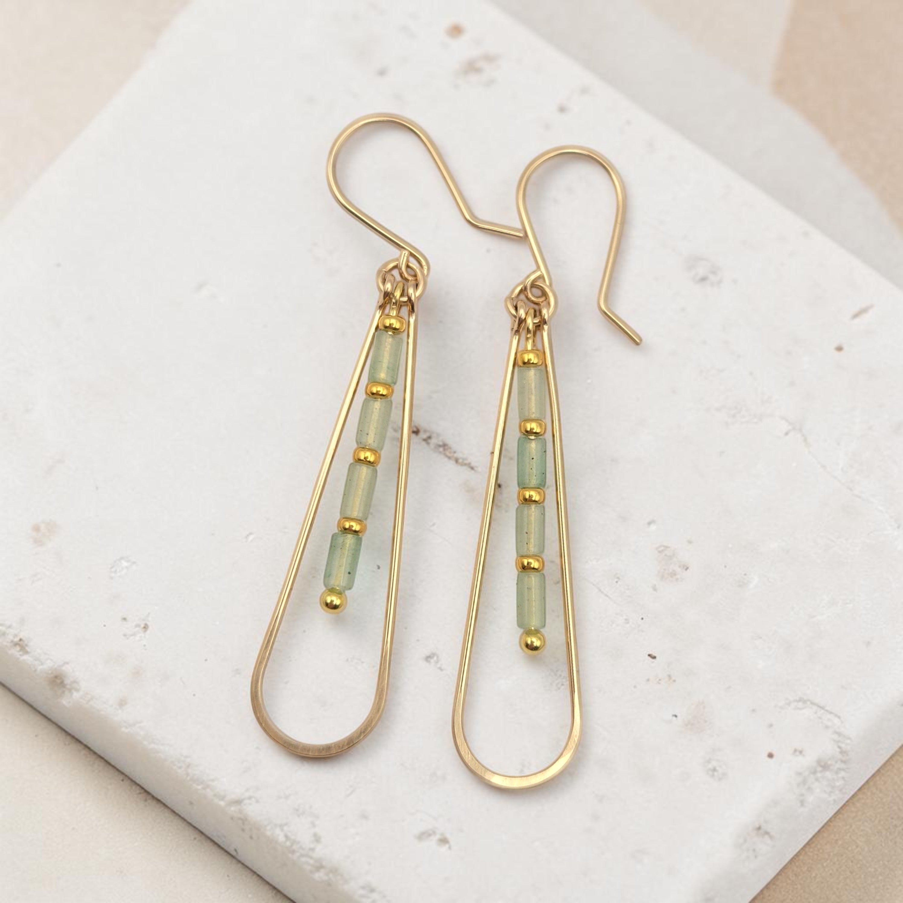 Bijou by SAM Mossy Creek teardrop earrings featuring green aventurine tube beads and 14k gold fill hoops.