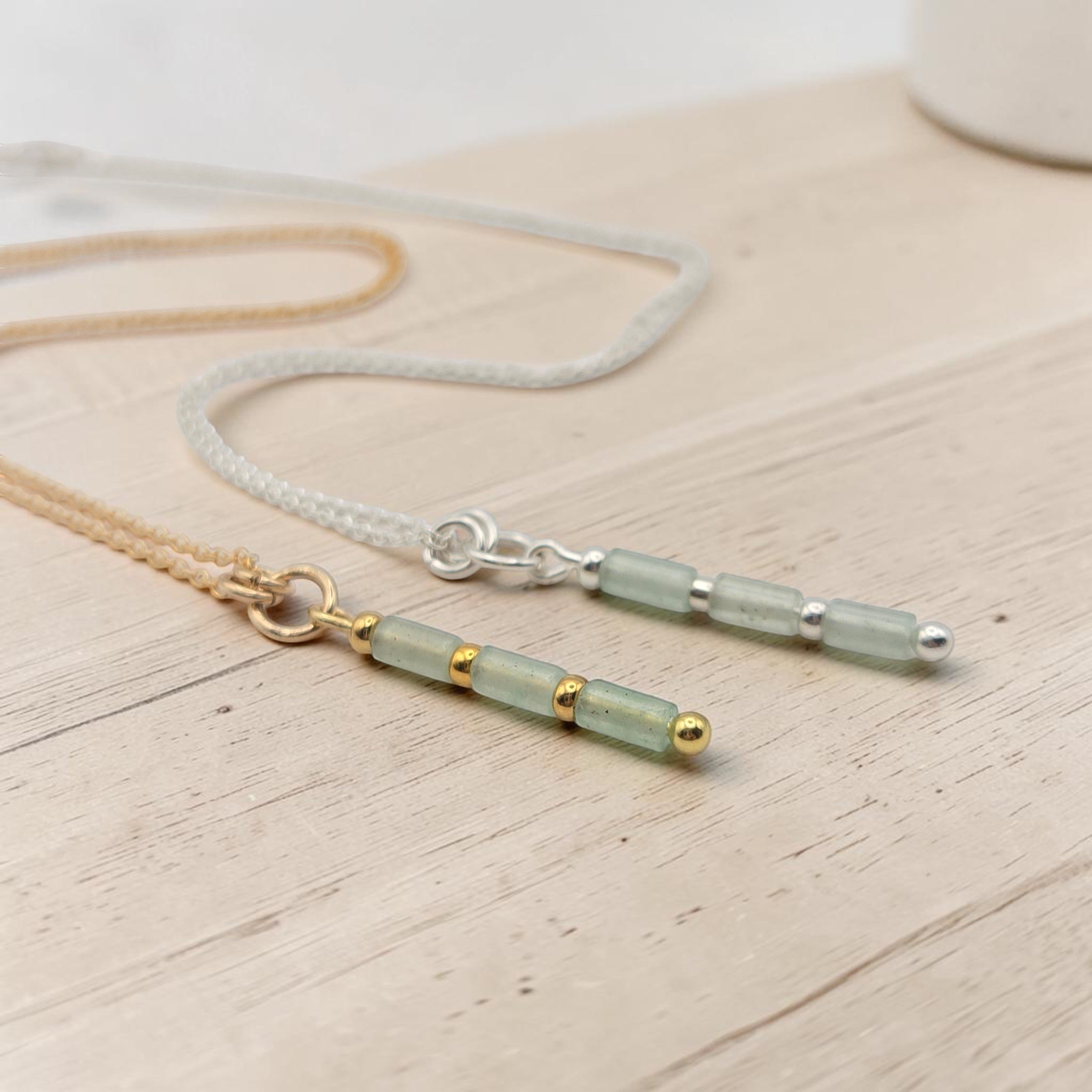 Bijou by SAM Mossy Creek necklaces with green aventurine tube beads on 14k gold fill and sterling silver chains.