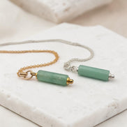 Bijou by SAM Ava necklaces featuring green aventurine cylinder beads on gold fill and sterling silver chains.
