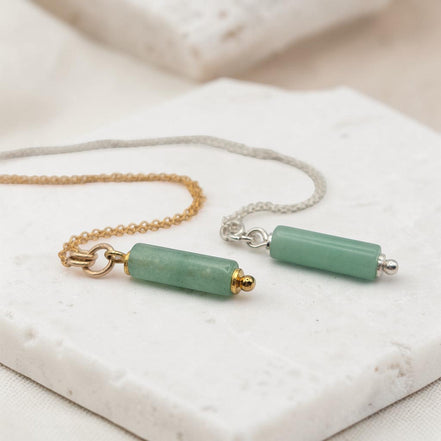 Bijou by SAM Ava necklaces featuring green aventurine cylinder beads on gold fill and sterling silver chains.
