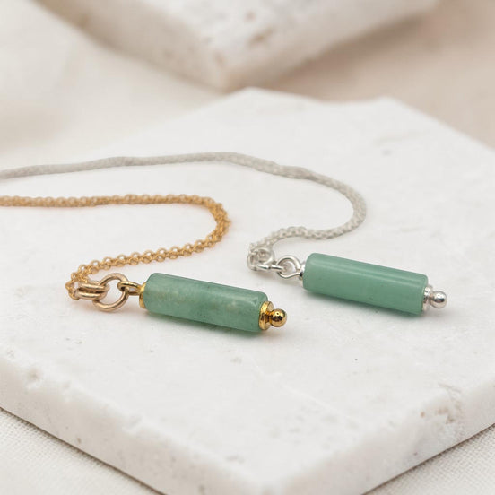 Bijou by SAM Ava necklaces featuring green aventurine cylinder beads on gold fill and sterling silver chains.